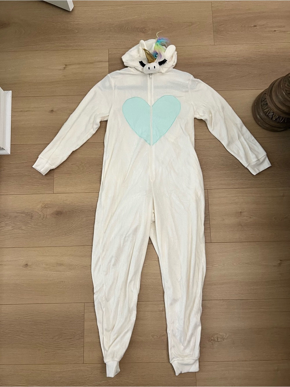 Exhilaration White Unicorn Onesie Pajama/ Costume with Mint Heart
